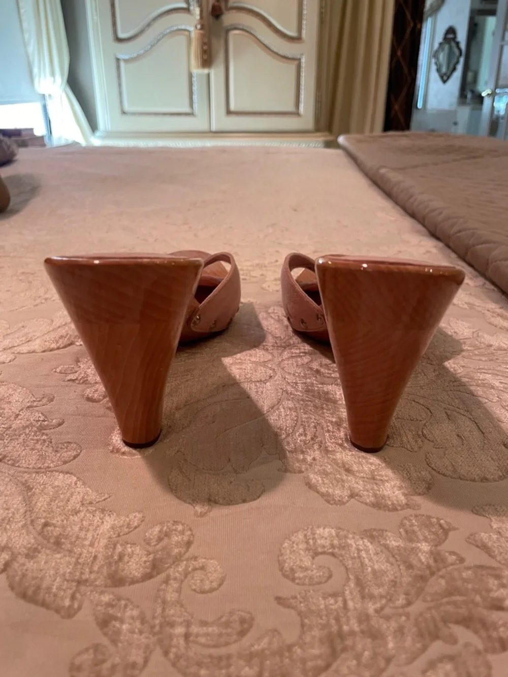 CHANEL Pink Leather Slide Mules with Silver CC Plaques. They are suede. Great